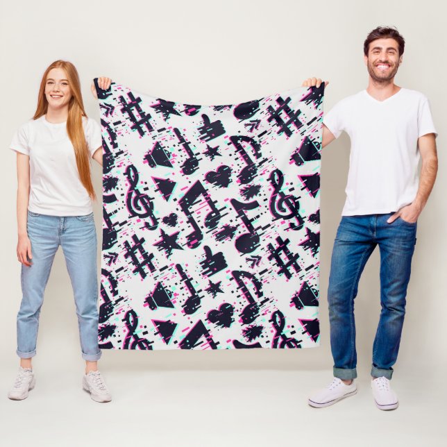 Distorted Musical Notes & Hearts Pattern Fleece Blanket (In Situ)