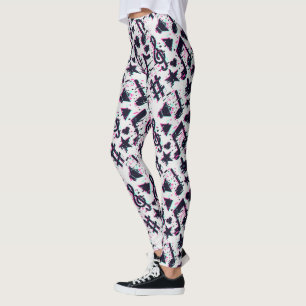 Distorted Musical Notes & Hearts Pattern Leggings