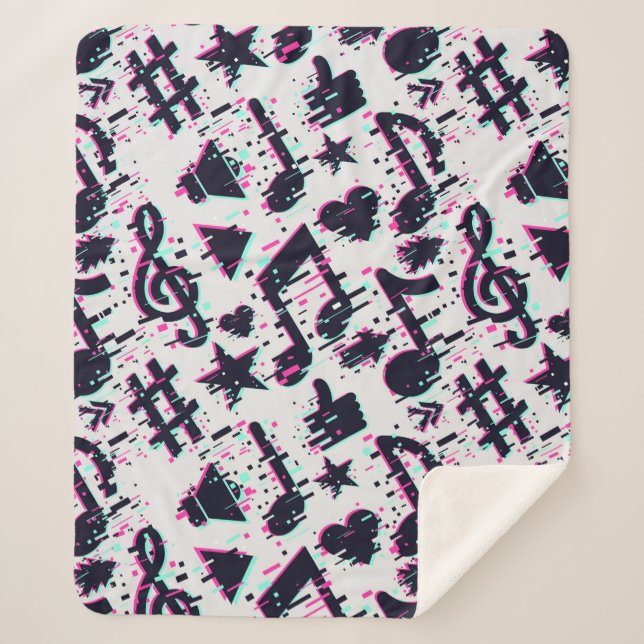 Distorted Musical Notes & Hearts Pattern Sherpa Blanket (Front)