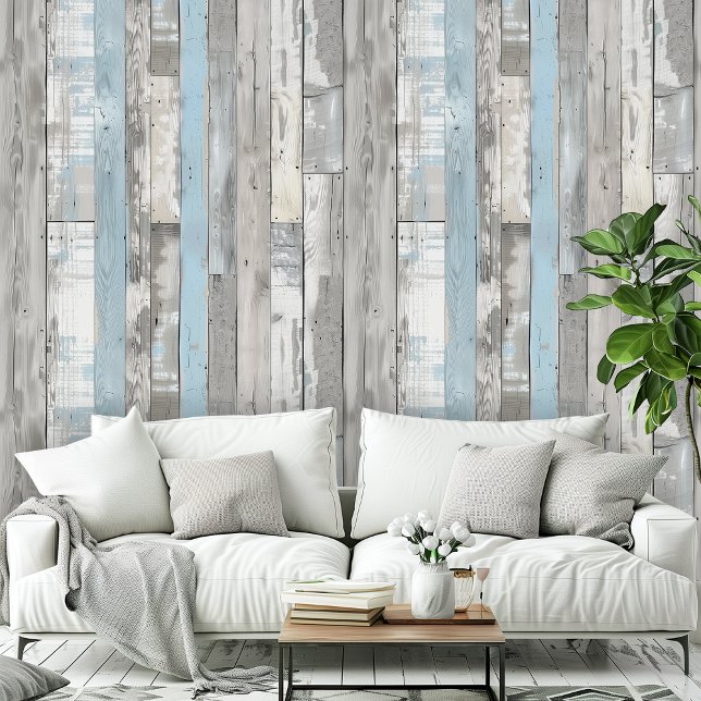 Distress Beachwood Ver Blue Grey Pattern Room  Wallpaper (Distress Beachwood Vertical Blue Gray Room Office Wallpaper)