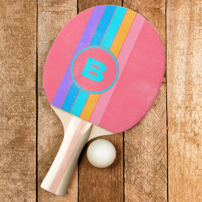 Distressed 80s Neon Sunrise Striped with Initial  Ping Pong Paddle (Creator Uploaded)