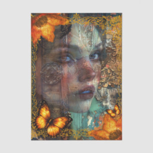 Distressed Abstract Art Girls Face & Butterflies Tissue Paper
