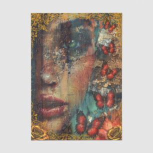 Distressed Abstract Art Girls Face & Butterflies Tissue Paper