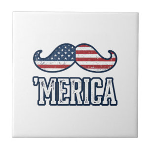 Distressed America Moustache Patriotic Vector Desi Ceramic Tile