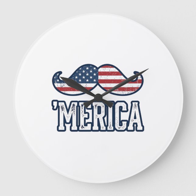 Distressed America Moustache Patriotic Vector Desi Large Clock (Front)