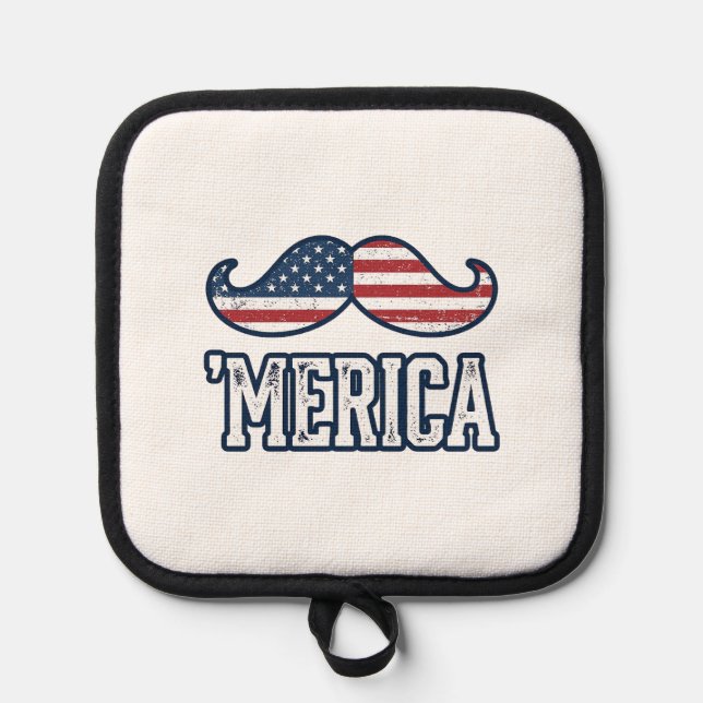 Distressed America Moustache Patriotic Vector Desi Pot Holder (Front)