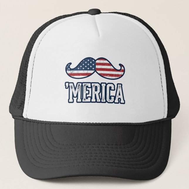 Distressed America Moustache Patriotic Vector Desi Trucker Hat (Front)
