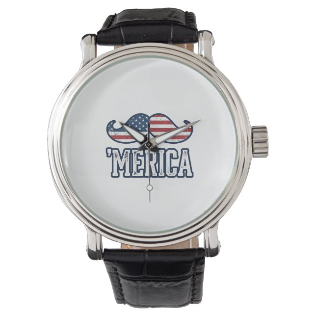 Distressed America Moustache Patriotic Vector Desi Watch (Front)