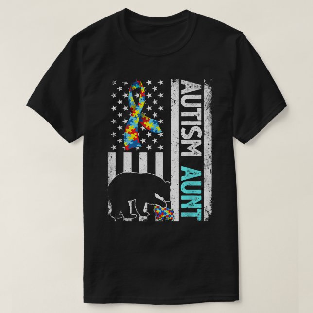 Distressed American Flag Autism Aunt Bear Autistic T-Shirt (Design Front)