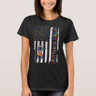 Distressed American Flag Autism Awareness Ribbon T-Shirt