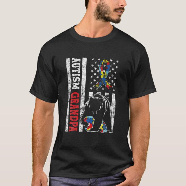 Distressed American Flag Autism Grandpa Bear Aware T-Shirt (Front)