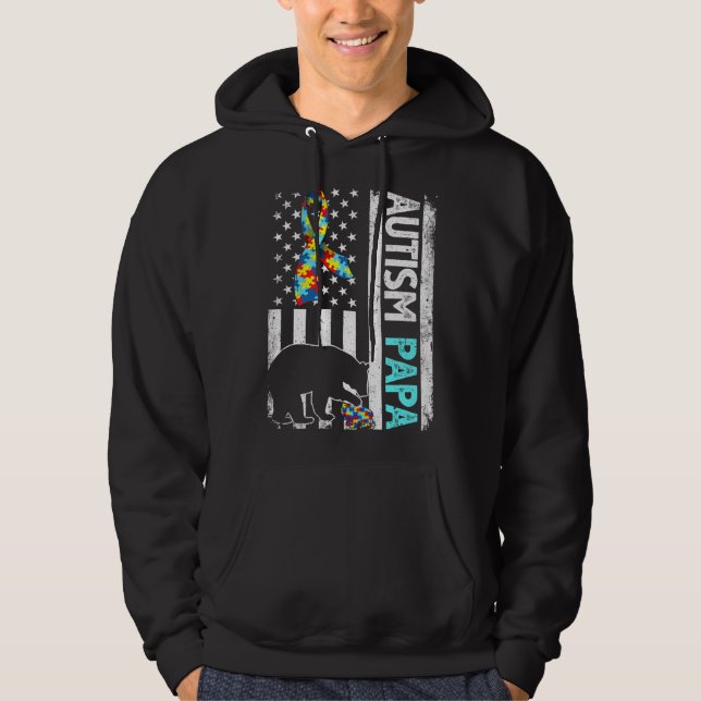 Distressed American Flag Autism Papa Bear Autistic Hoodie (Front)