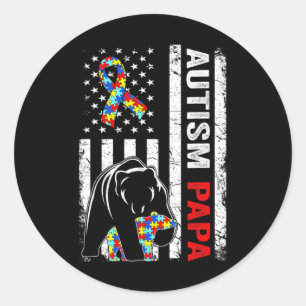 Distressed American Flag Autism Papa Bear Awarenes Classic Round Sticker