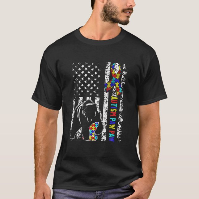Distressed American Flag Autism Paw Paw Bear Aware T-Shirt (Front)