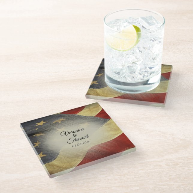Distressed American Flag Names and Date Glass Coaster (Angled)