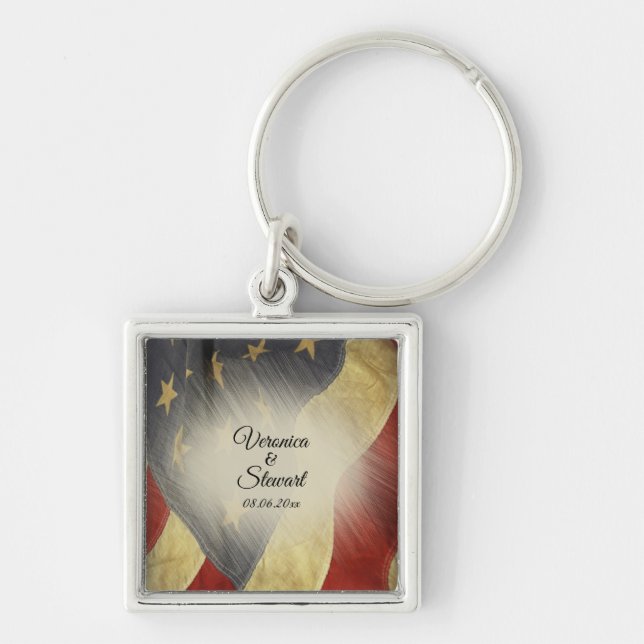 Distressed American Flag Names and Date Key Ring (Front)