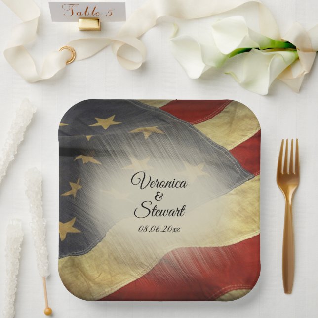 Distressed American Flag Names and Date Paper Plate (Wedding)