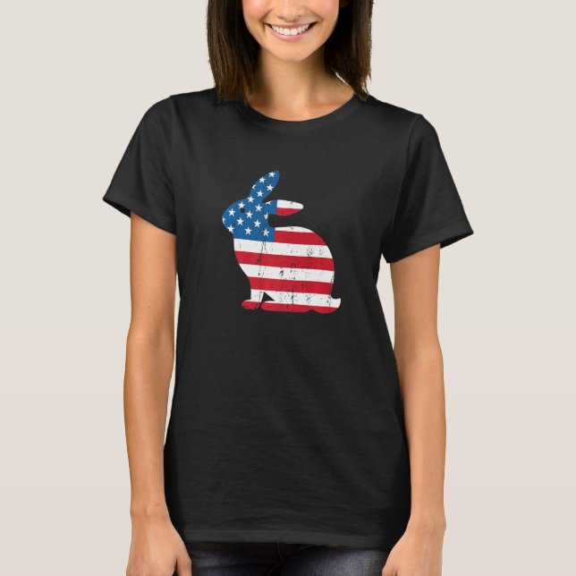 Distressed American Flag Patriotic Bunny Graphic E T-Shirt (Front)