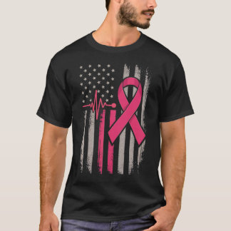 Distressed American Flag Pink Ribbon Breast Cancer T-Shirt