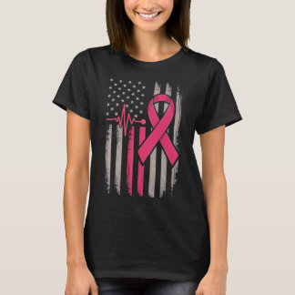 Distressed American Flag Pink Ribbon Breast Cancer T-Shirt