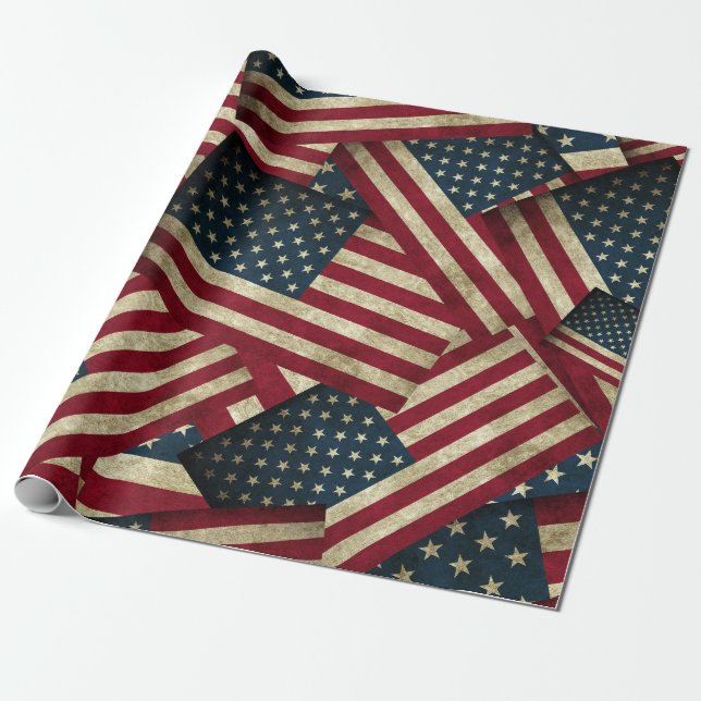 Distressed American Flags Wrapping Paper (Unrolled)