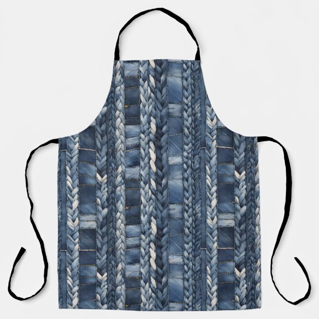 Distressed And Braided Blue Jean Denim Apron (Front)