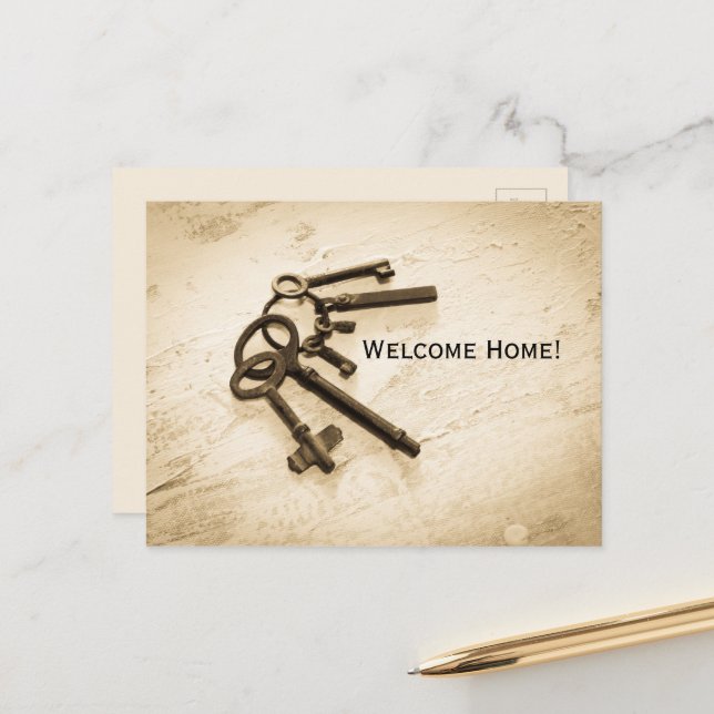 Distressed Antique Skeleton Keys on Key Ring Postcard (Front/Back In Situ)