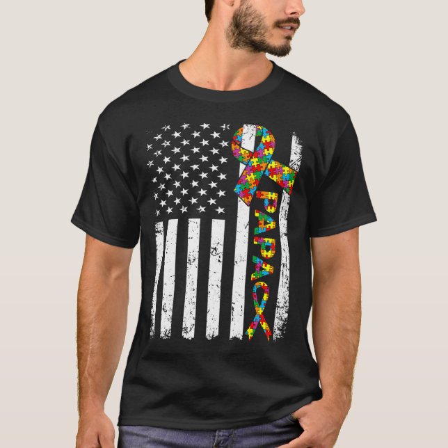 Distressed Autism Papa American Flag Family Matchi T-Shirt (Front)