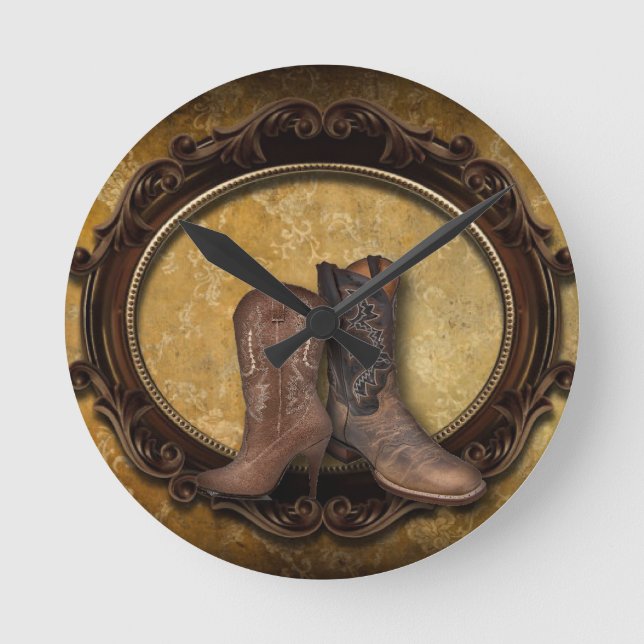 Distressed barn country Western Cowboy Boot Round Clock (Front)