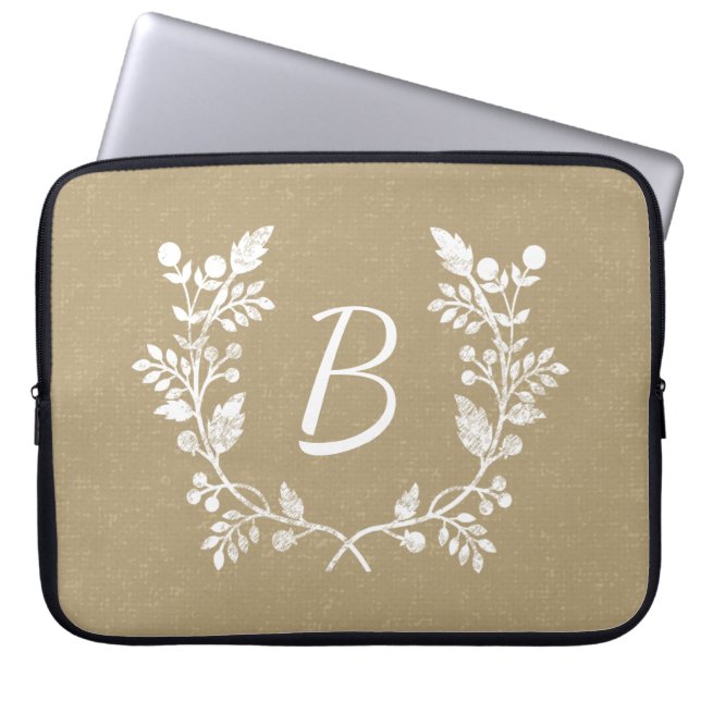 Distressed Beige White Floral Wreath Personalised Laptop Sleeve (Front)