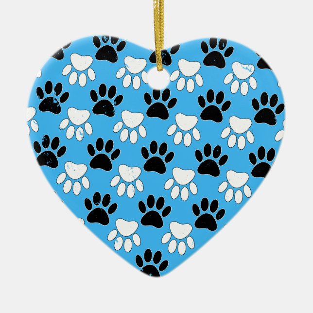 Distressed Black And White Paws On Blue Background Ceramic Ornament (Front)