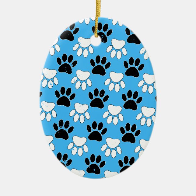 Distressed Black And White Paws On Blue Background Ceramic Ornament (Front)