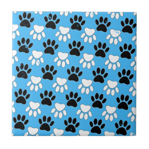 Distressed Black And White Paws On Blue Background Ceramic Tile