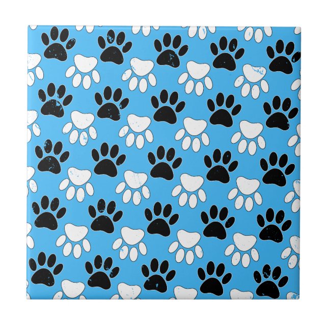 Distressed Black And White Paws On Blue Background Ceramic Tile (Front)