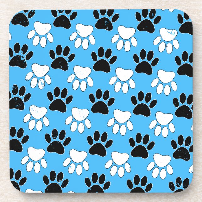 Distressed Black And White Paws On Blue Background Coaster (Front)