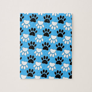 Distressed Black And White Paws On Blue Background Jigsaw Puzzle