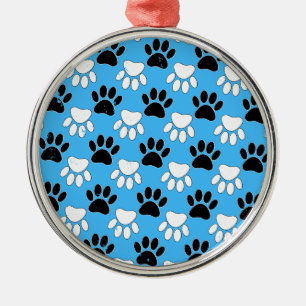 Distressed Black And White Paws On Blue Background Metal Ornament