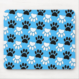Distressed Black And White Paws On Blue Background Mouse Pad