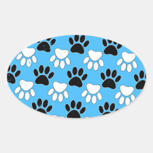 Distressed Black And White Paws On Blue Background Oval Sticker