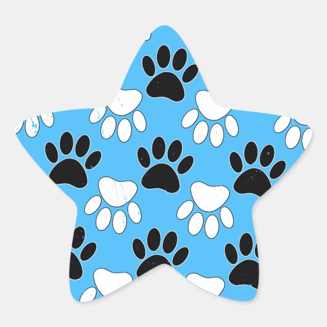Distressed Black And White Paws On Blue Background Star Sticker (Front)
