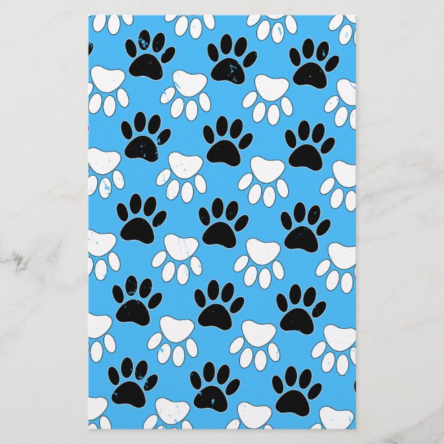 Distressed Black And White Paws On Blue Background Stationery (Front)