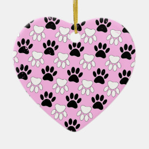Distressed Black And White Paws On Pink Background Ceramic Ornament