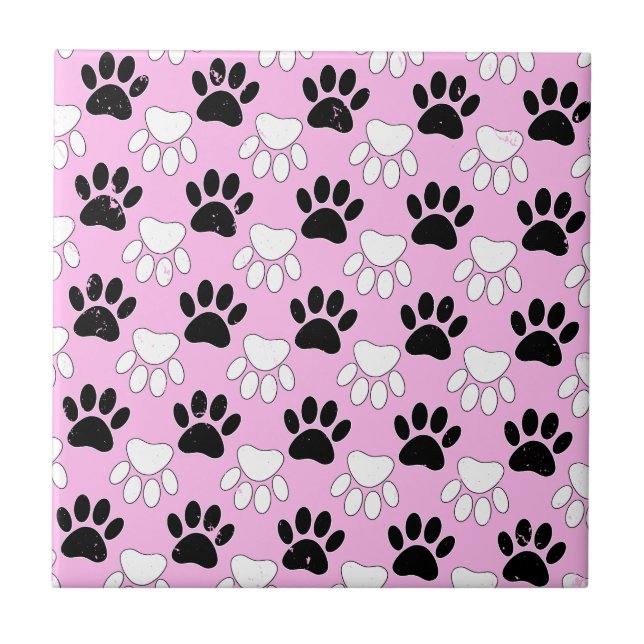 Distressed Black And White Paws On Pink Background Ceramic Tile (Front)