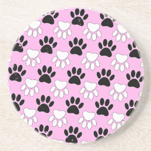 Distressed Black And White Paws On Pink Background Coaster