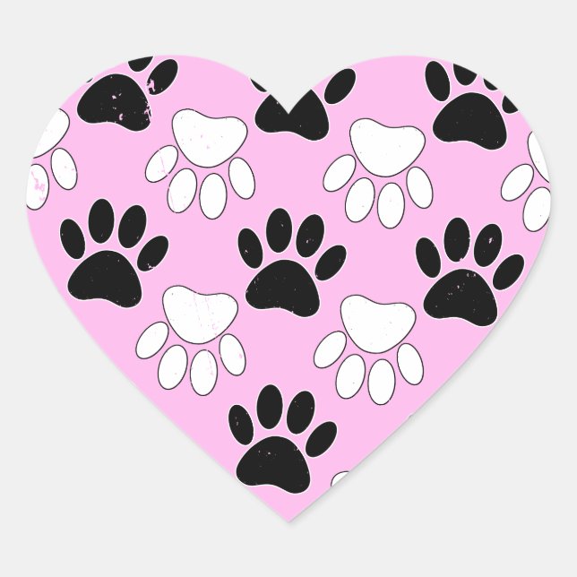 Distressed Black And White Paws On Pink Background Heart Sticker (Front)