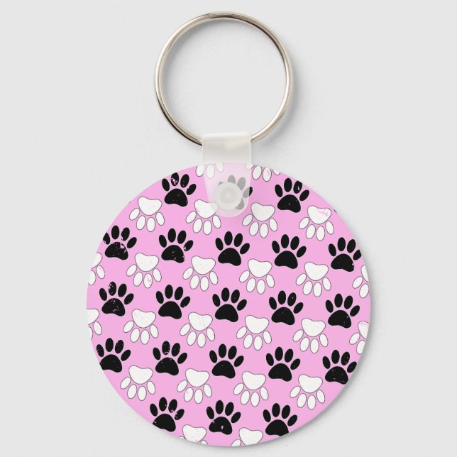 Distressed Black And White Paws On Pink Background Key Ring (Front)
