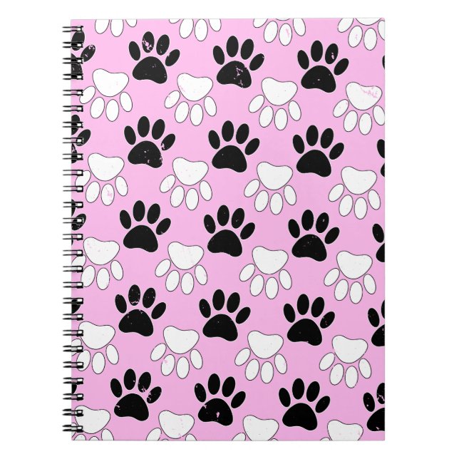 Distressed Black And White Paws On Pink Background Notebook (Front)