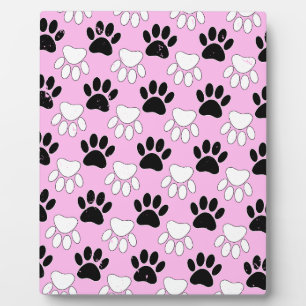 Distressed Black And White Paws On Pink Background Plaque