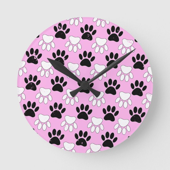 Distressed Black And White Paws On Pink Background Round Clock (Front)