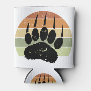 Distressed Black Bear Paw Print Retro Sunset Can Cooler